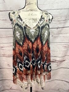INC Womens Sleeveless Blouse Large Multicolor Print Sheer Built-in Tank Bohemian